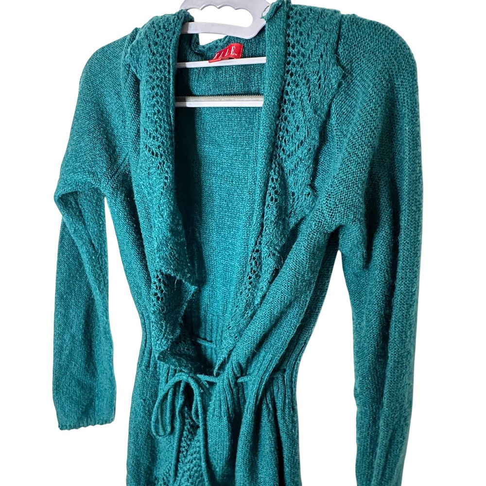 ELLE Womens Teal Blue Pointelle Trim Drawstring Waist Cardigan Sweater Size XS